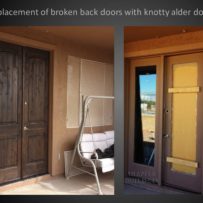 Replacing broken back doors with stained knotty alder doors.